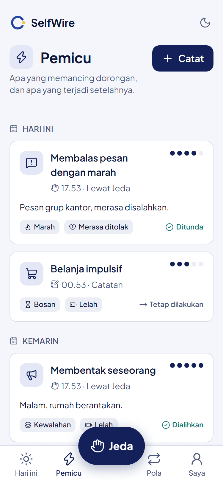 Daftar pemicu yang dikelompokkan per hari